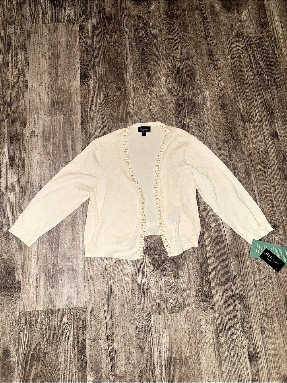 RN Studio Pearl Trim Cardigan in Cream XL NWT